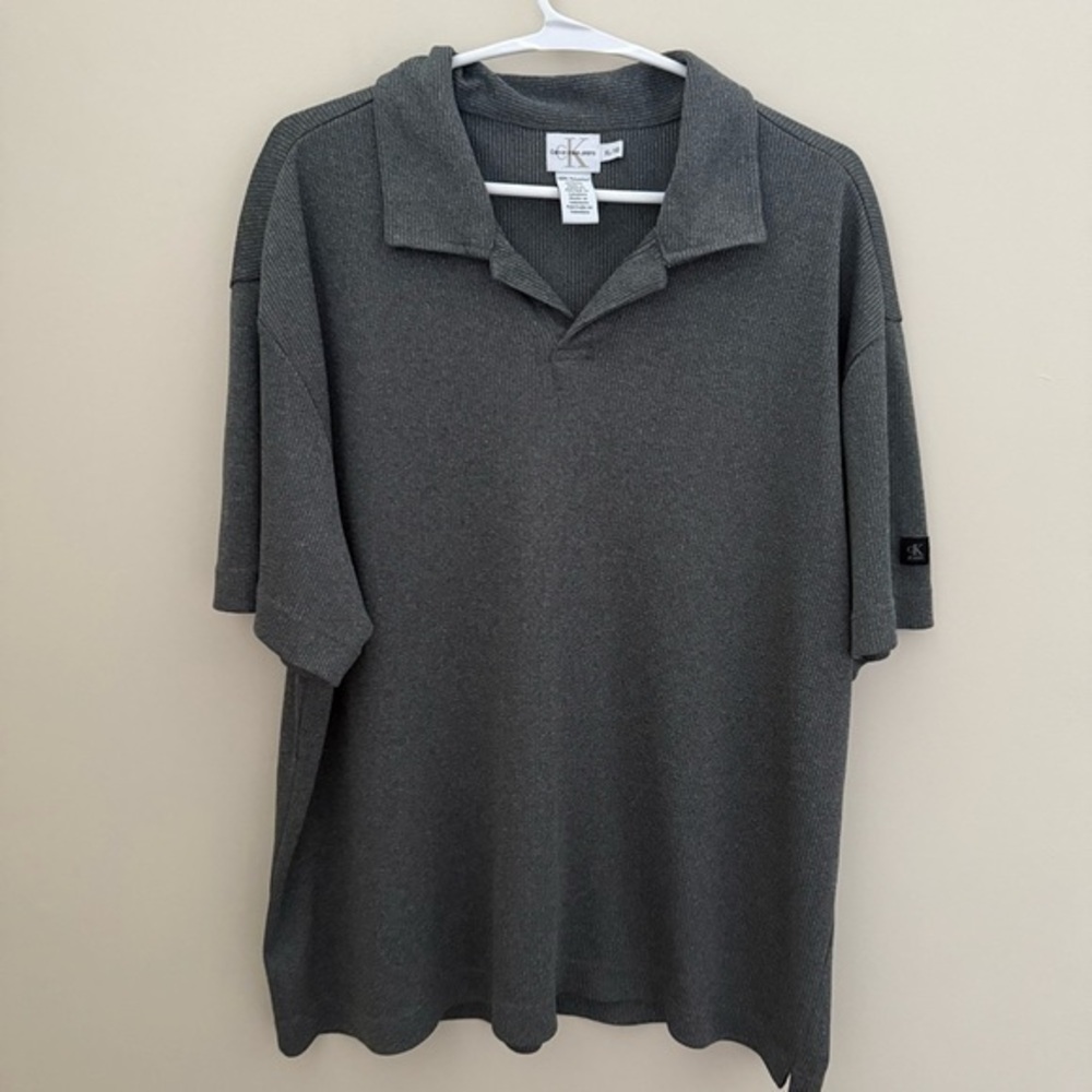 Calvin Klein Jeans Gray Textured Knit Collared Short Sleeve Polo Shirt